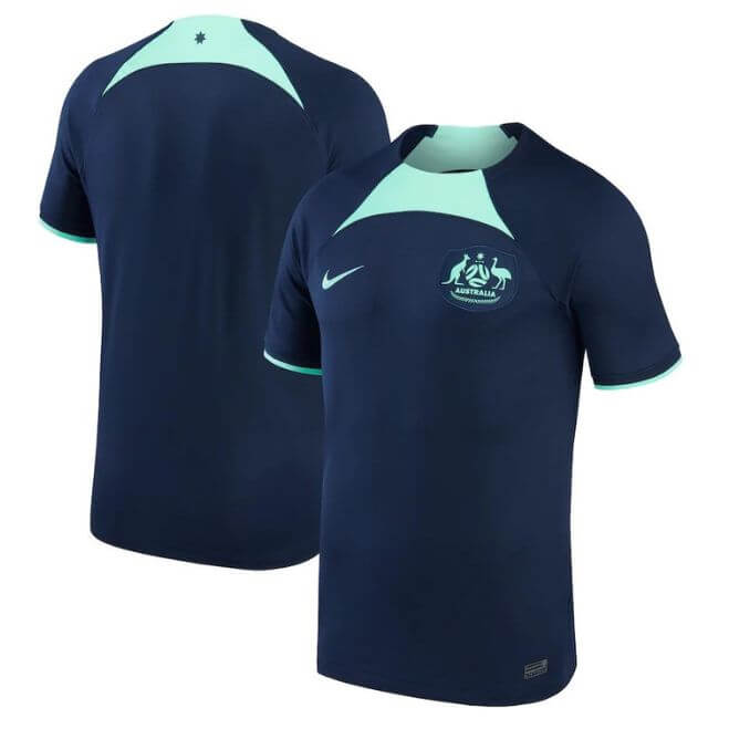 Australia 2022 away custom jersey by Jerseyteamsworld in navy blue with mint green accents for soccer fans