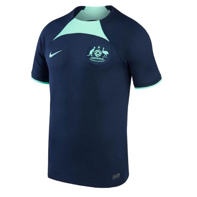 Australia 2022 away custom jersey in navy blue with light green accents and team logo on chest