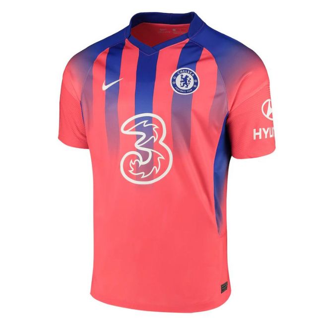 Custom Chelsea jersey pink with blue vertical stripes and Nike logo from Jerseyteamsworld