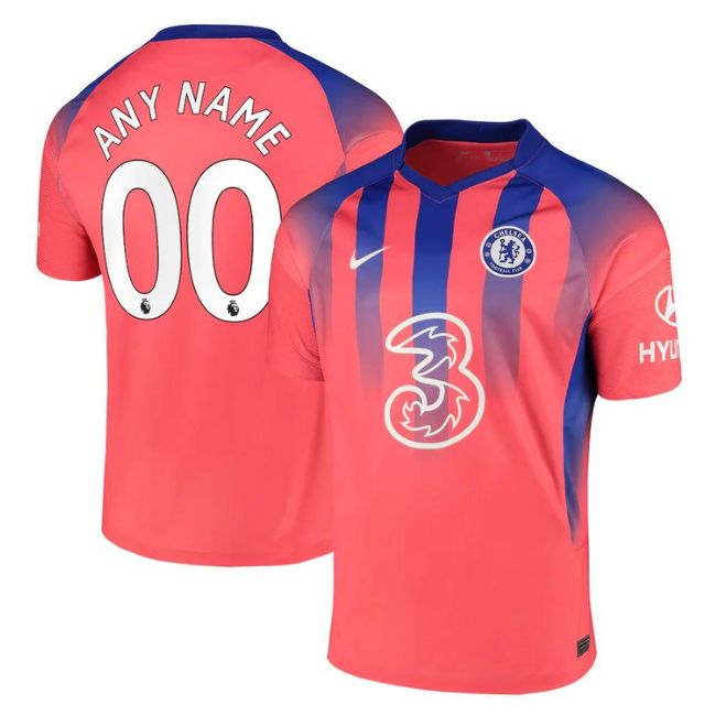 Custom Chelsea jersey pink with blue stripes front and personalized name and number on back