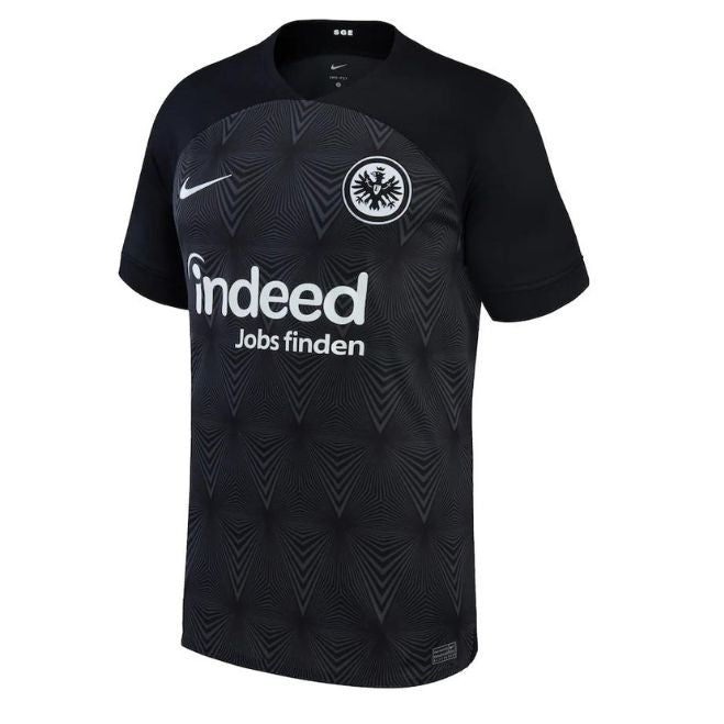 Eintracht Frankfurt away jersey 2022 black soccer shirt with Nike logo and Indeed sponsor