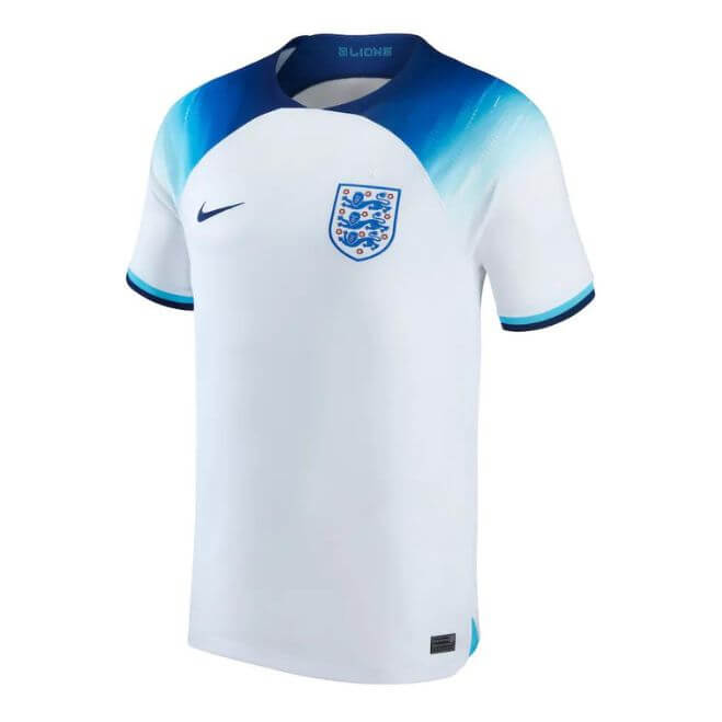 England national team jersey 2022 with white base and blue gradient shoulders by Jerseyteamsworld