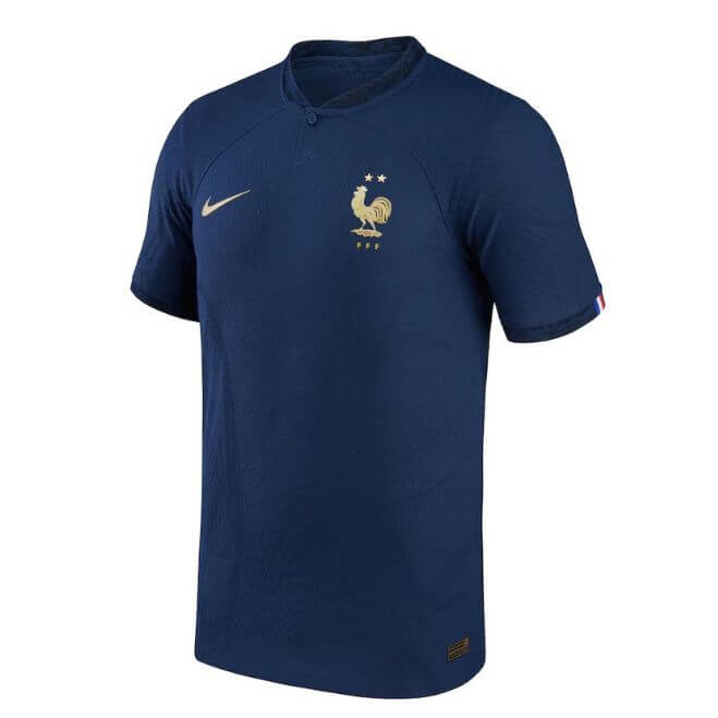 France national team jersey 2022 nike in navy blue with gold logo and Nike swoosh on front