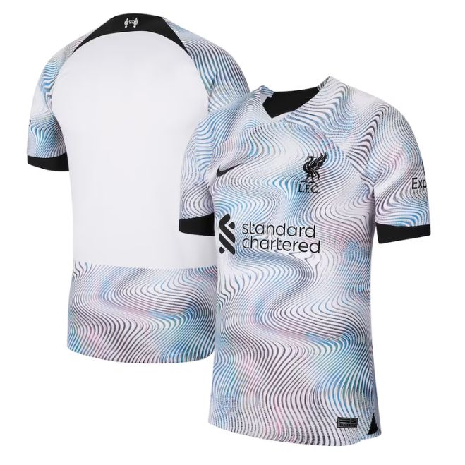 Liverpool away jersey 2022 23 with wavy blue and white pattern by Jerseyteamsworld