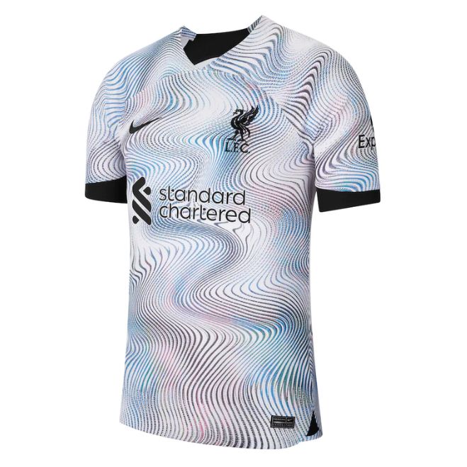 Liverpool away jersey 2022 23 by Jerseyteamsworld with black logos and wavy white blue pattern