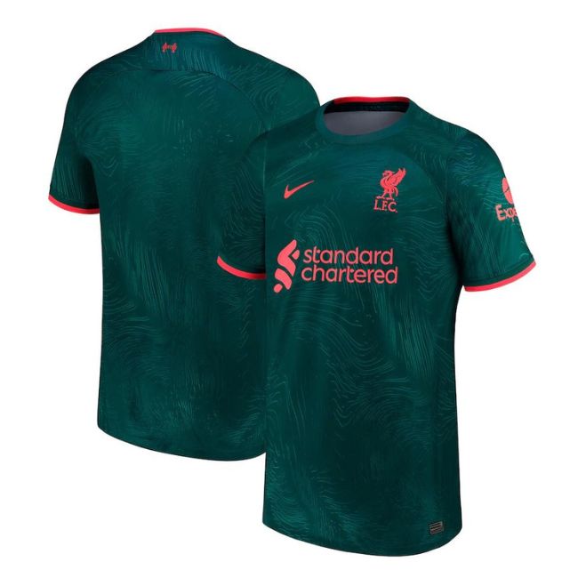 Liverpool Third Shirt 2022-23 Nike Jersey in dark green with pink logos and trim by Jerseyteamsworld