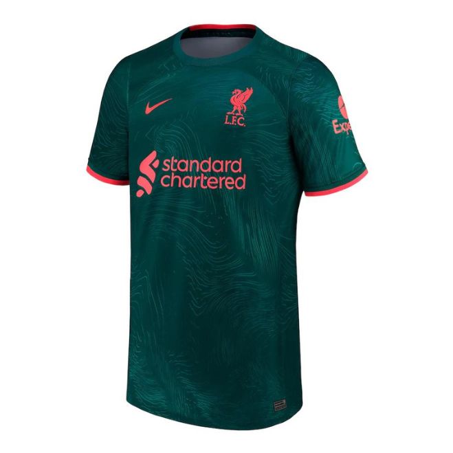 Liverpool Third Shirt 2022-23 Nike Jersey in dark green with red accents and sponsor logos