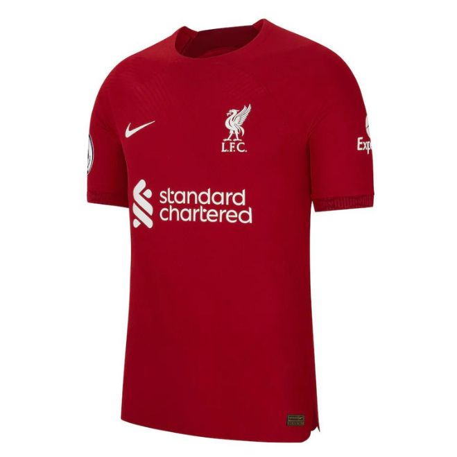 Mohamed Salah Liverpool Nike jersey 2022 in red with white logos and sponsor branding by Jerseyteamsworld