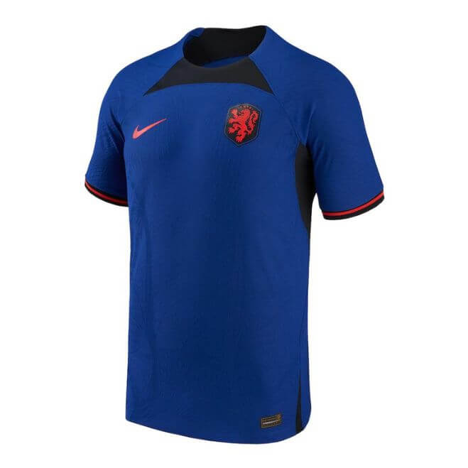 Netherlands away Nike jersey 2023 in blue with red lion crest and Nike swoosh on chest