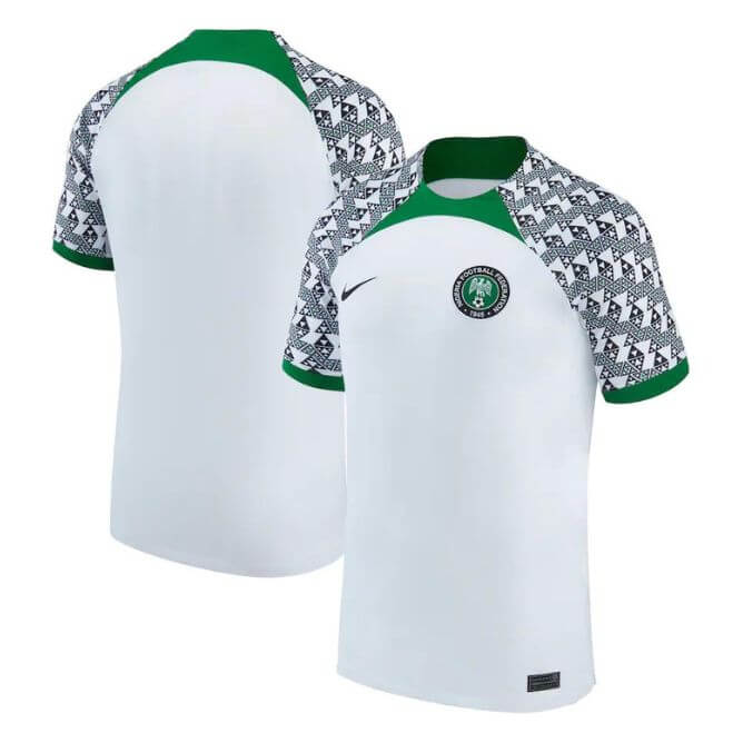 Nigeria national team 2023 away Nike jersey white with green and black patterned sleeves by Jerseyteamsworld