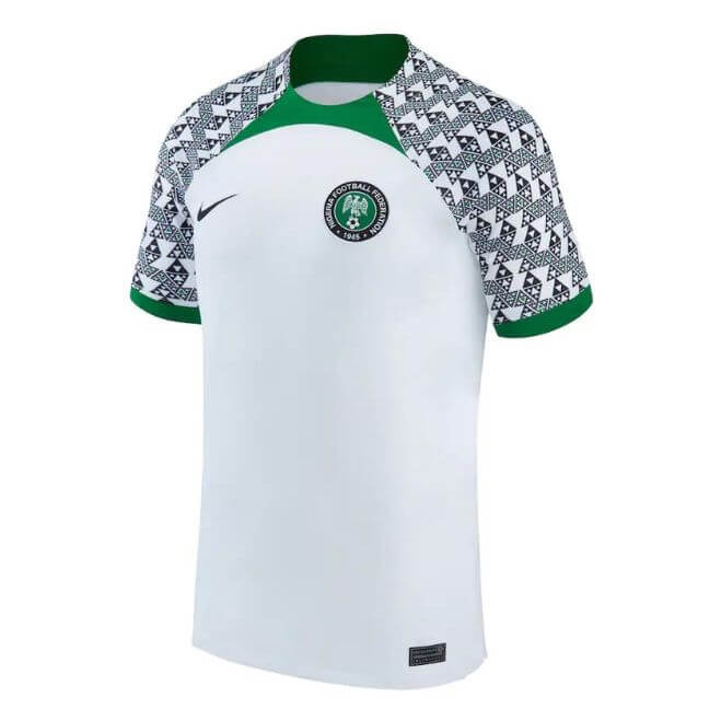 Nigeria national team 2023 away Nike jersey featuring green collar and patterned black and white sleeves