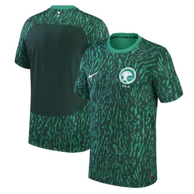 Saudi Arabia 2023 away Nike jersey in green with KSA logo and abstract pattern for soccer fans