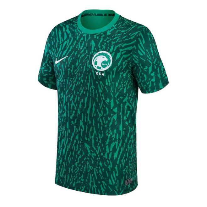 Saudi Arabia 2023 away Nike jersey in green with abstract pattern and white logo from Jerseyteamsworld