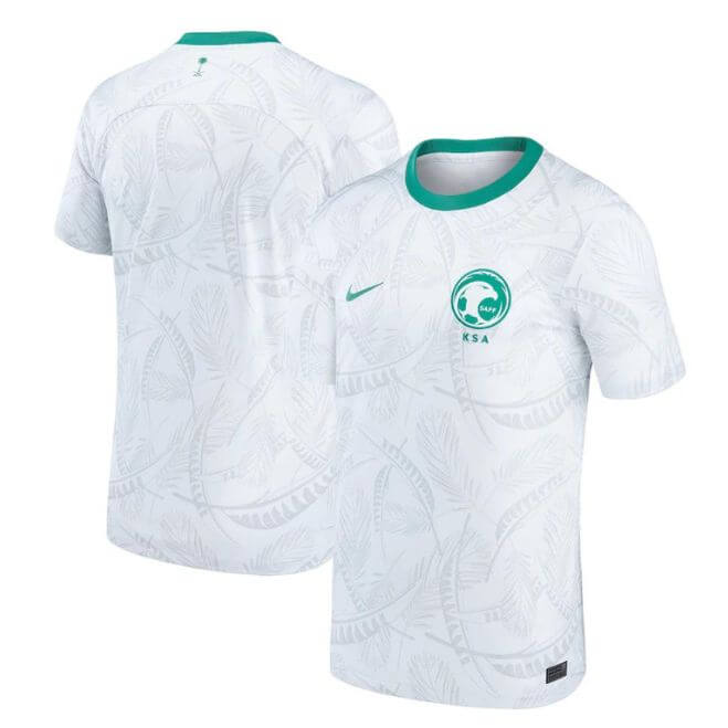 Saudi Arabia 2023 home Nike jersey in white with green collar and KSA emblem by Jerseyteamsworld