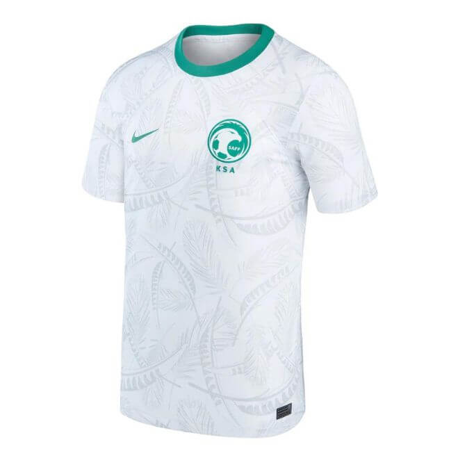 Saudi Arabia 2023 home Nike jersey in white with green collar and KSA emblem on chest