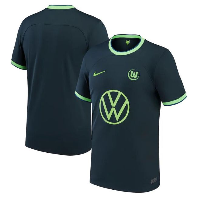 VfL Wolfsburg away jersey 2022 23 in dark blue with green trim and sponsor logo by Jerseyteamsworld