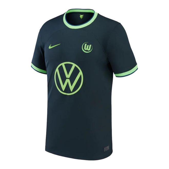 VfL Wolfsburg away jersey 2022 23 in dark green with neon green trim and sponsor logo by Jerseyteamsworld