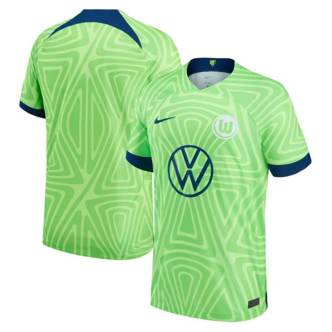 VfL Wolfsburg home jersey 2022-23 in bright green with blue accents and modern geometric patterns