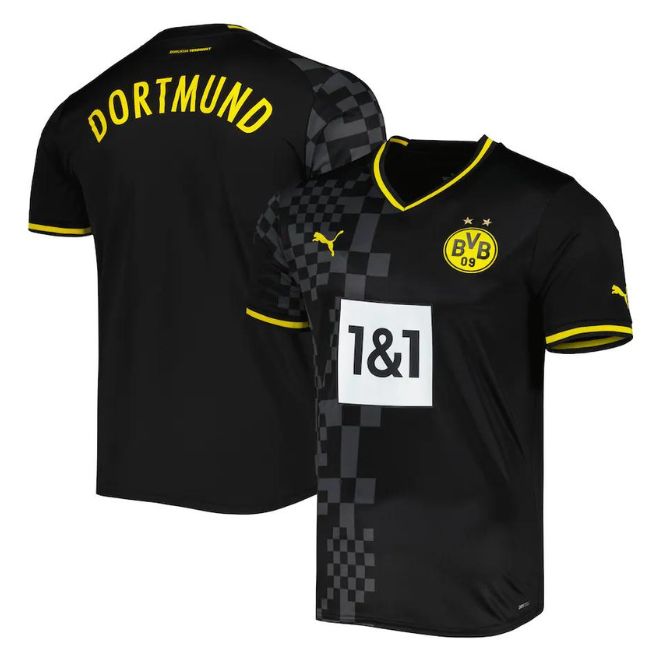 Borussia Dortmund 2022 23 away jersey in black with yellow details and checkered pattern by Jerseyteamsworld