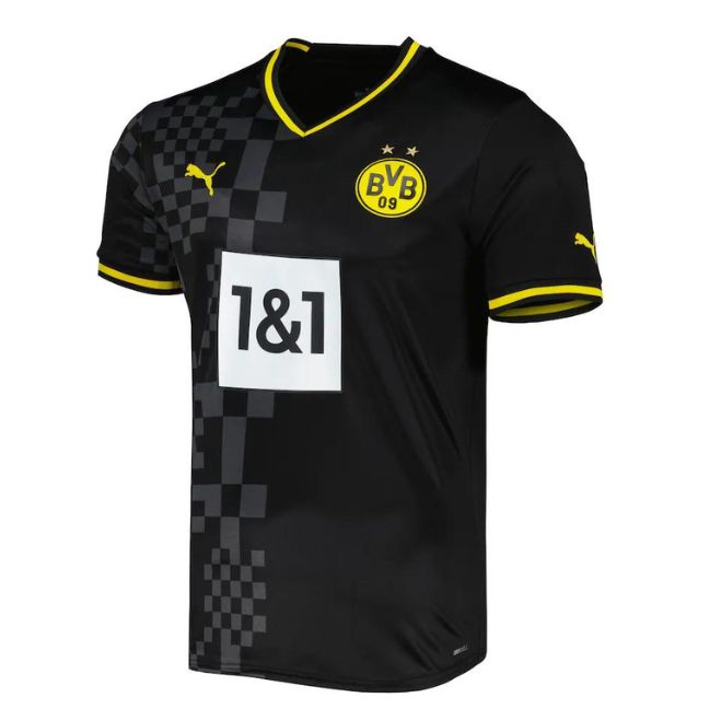 Borussia Dortmund 2022/23 away jersey in black with yellow trim and checkered design from Jerseyteamsworld