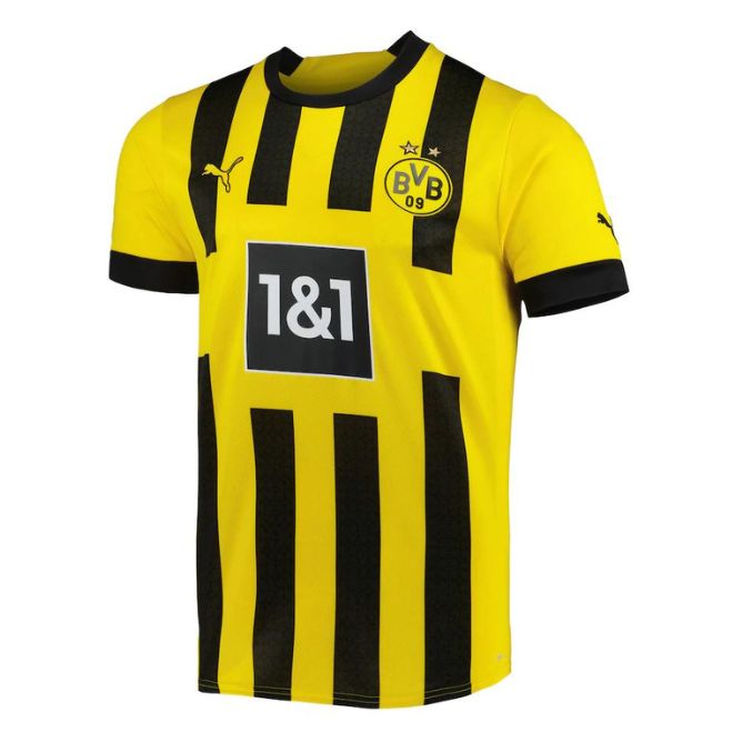 Borussia Dortmund home jersey 2022/23 in yellow and black stripes with team logo and sponsor branding