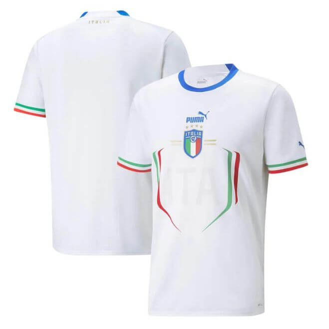 Custom Italy soccer jersey in white with blue collar and Italian flag stripes by Jerseyteamsworld