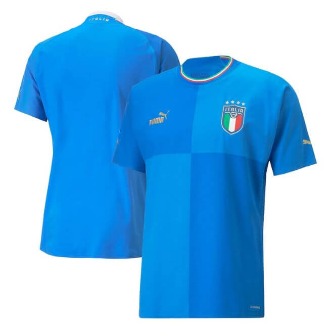 Italy National Team home Puma jersey 2022 with blue color and official team crest front view and back view