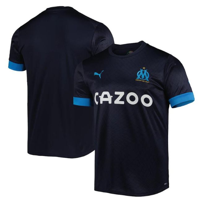 Olympique Marseille 2022 Away Puma Jersey in dark blue with light blue sleeve cuffs and sponsor logo