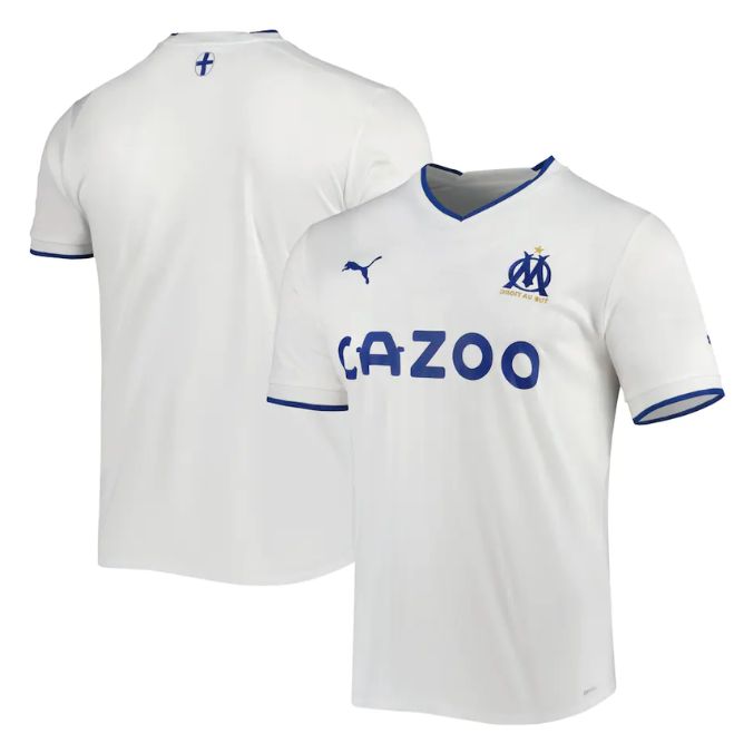 Olympique Marseille 2023 home Puma jersey in white with blue trim and Cazoo sponsor logo