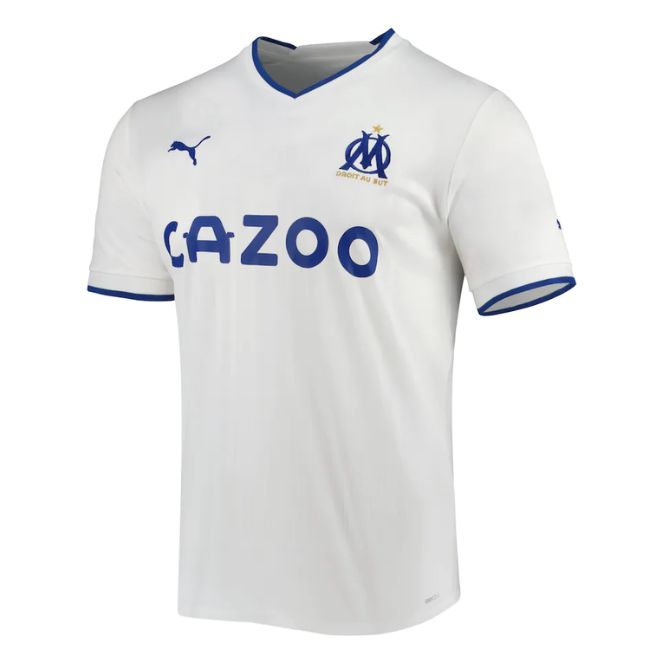 Olympique Marseille 2023 home Puma jersey in white with blue trim and sponsor logo from Jerseyteamsworld