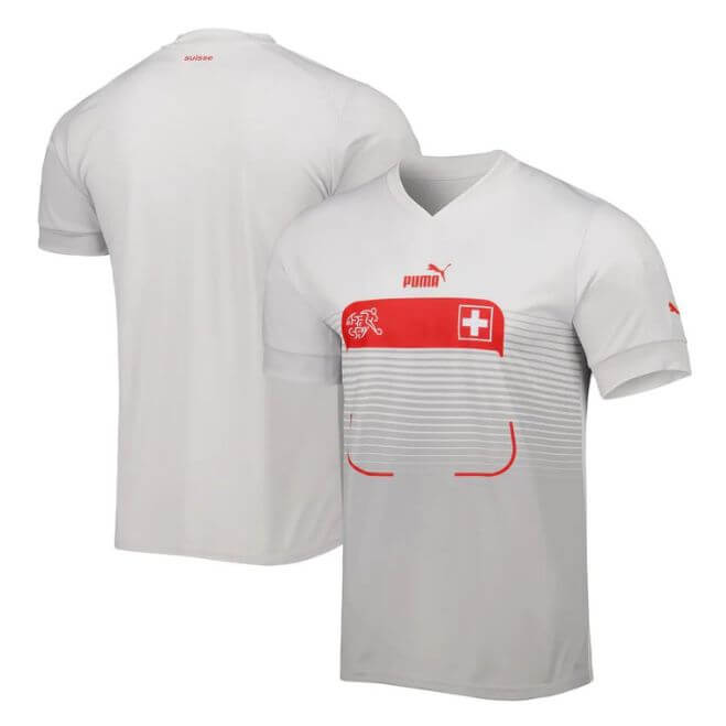 Switzerland away Puma jersey 2023 white soccer shirt with red and gray details front and back