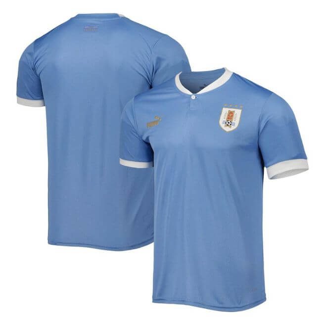 Uruguay team Puma jersey 2023 in light blue with white collar and sleeve cuffs by Jerseyteamsworld