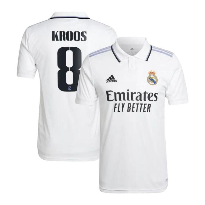 Real Madrid Kroos 8 home jersey by Jerseyteamsworld featuring white Adidas design with Emirates Fly Better sponsor logo