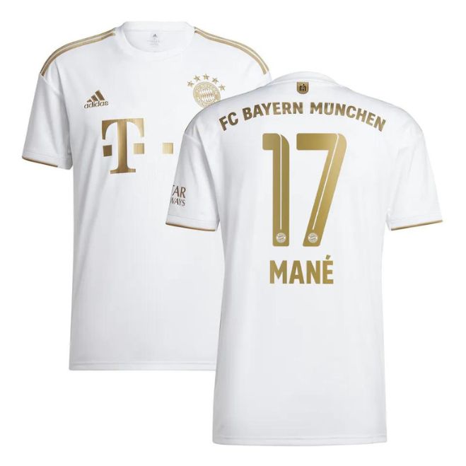 Sadio Mané Bayern Munich away jersey in white with gold accents and number 17 by Jerseyteamsworld