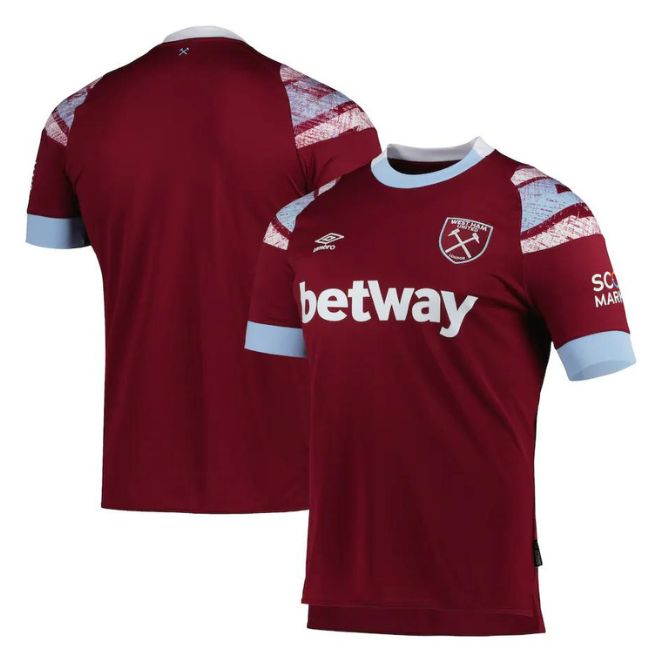 West Ham United home jersey 2022/23 in claret with light blue accents and sponsor logos front and back
