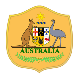 Australia national team jersey emblem featuring kangaroo, emu, and shield with Australia text