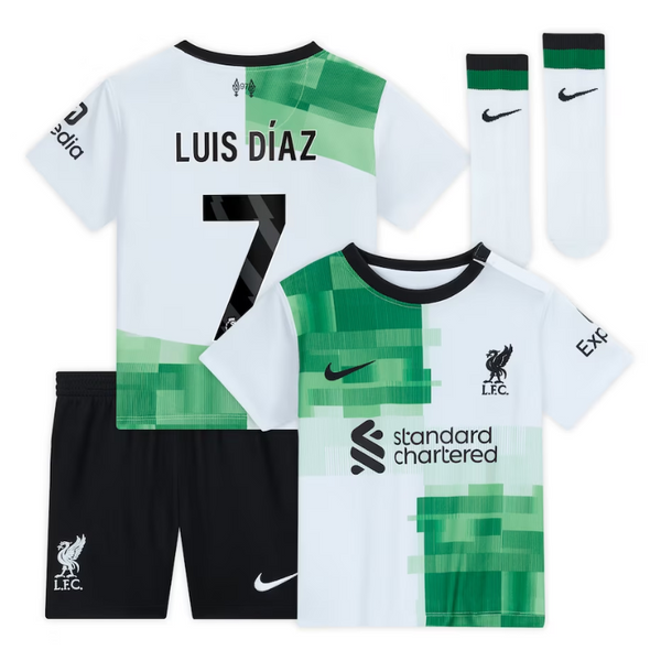 Liverpool Away Kit - 2023-24 - Kids with Luis Díaz 7 printing Jersey - White