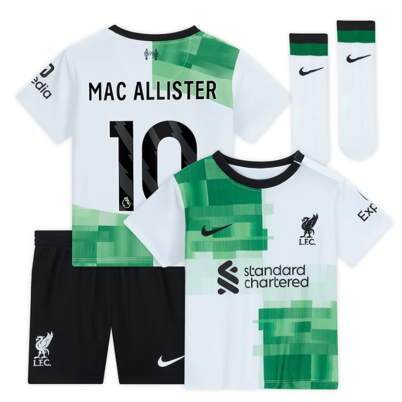 Liverpool Away Kit - 2023-24 - Kids with Mac Allister 10 printing Jersey - White