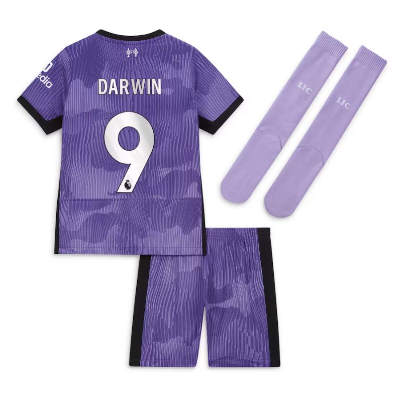 Liverpool Third Kit 2023-24 - Little Kids with Darwin 9 printing Jersey - Purple