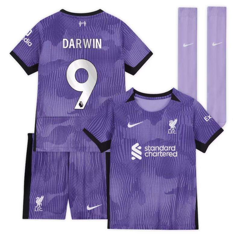 Liverpool Third Kit 2023-24 - Little Kids with Darwin 9 printing Jersey - Purple - Jersey Teams World