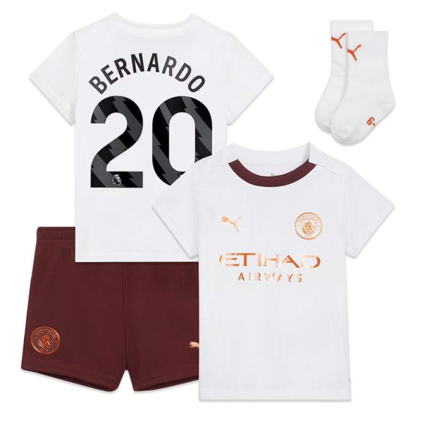 Manchester City Away Kids kit Puma 2023-24 with Bernardo 20 printing Jersey - White