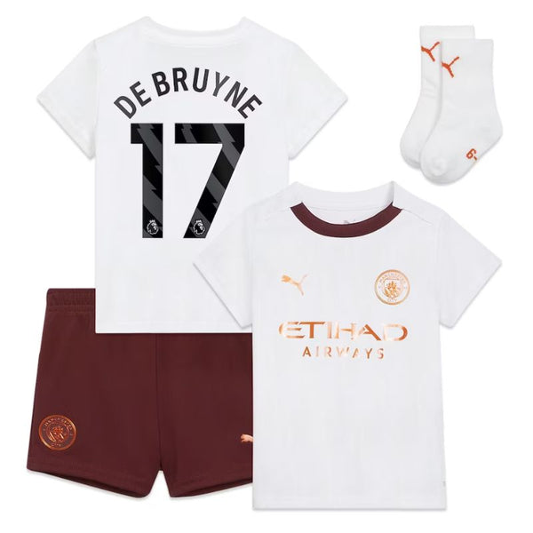 Manchester City Away Kids kit Puma 2023-24 with De Bruyne 17 printing Jersey - White