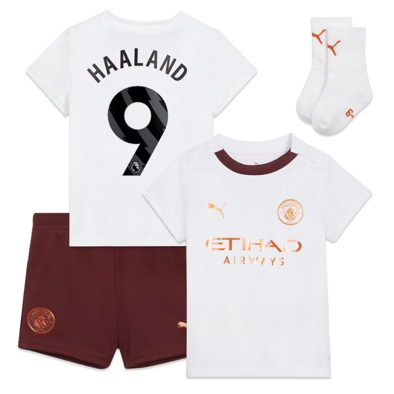 Manchester City Away Kids kit 2023-24 with Haaland 9 printing Jersey - White