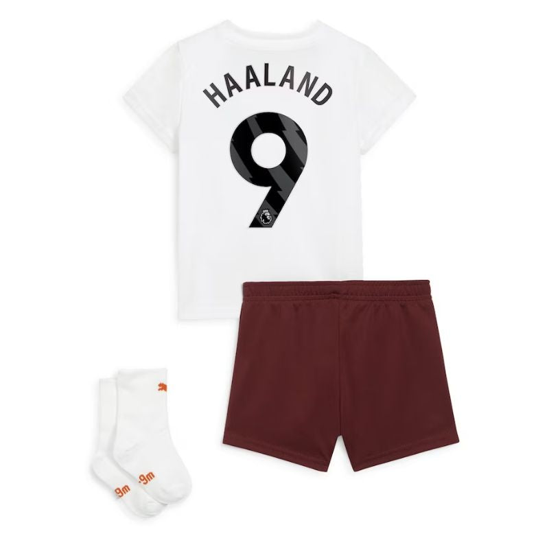 Manchester City Away Kids kit 2023-24 with Haaland 9 printing Jersey - White