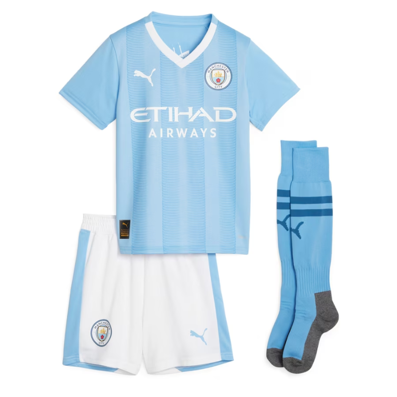 Manchester City Home Kids Kit 2023-24 De Bruyne 17 printing Jersey  - Blue - Jersey Teams World