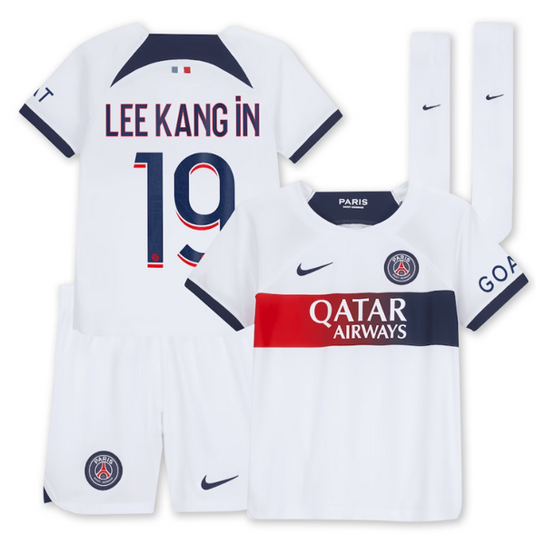 Paris Saint-Germain Away Kit 2023-24 - Little Kids with Player Lee Kang In 19 printing Jersey - White