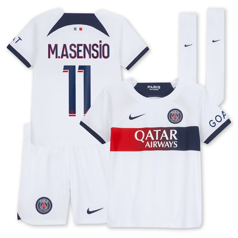 Paris Saint-Germain Away Kit 2023-24 - Little Kids with Player M.Asensio 11 printing Jersey - White - Jersey Teams World