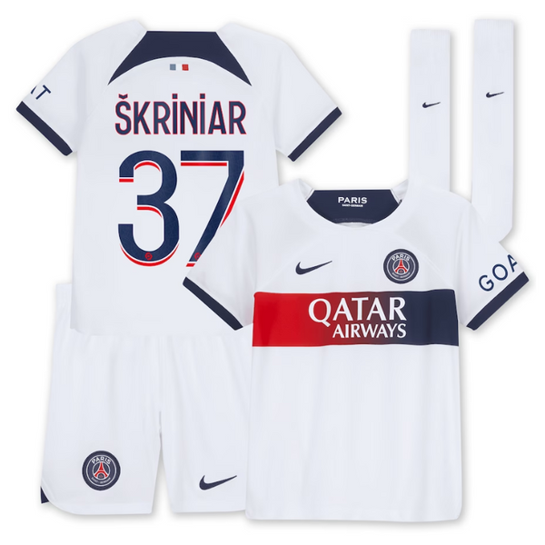 Paris Saint-Germain Away Kit 2023-24 - Little Kids with Player Škriniar 37 printing Jersey - White