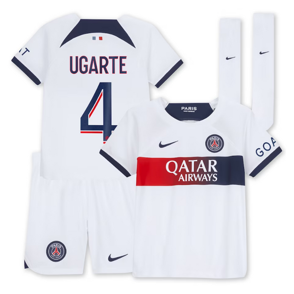 Paris Saint-Germain Away Kit 2023-24 - Little Kids with Player Ugarte 4 printing Jersey - White