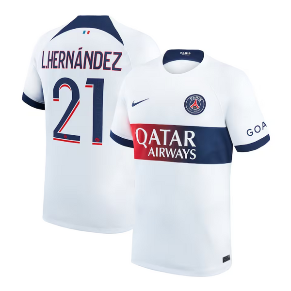 Paris Saint-Germain Away Shirt 2023-24 with Player Hernández 21 printing Jersey - White